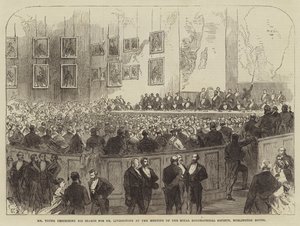 El Sr. Young describiendo su búsqueda del Dr. Livingstone en la reunión de la Royal Geographical Society, Burlington House de Sir John Charles Robinson